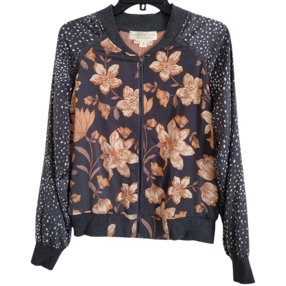 Saltwater Luxe slate mixed print multicolor floral bomber jacket size Small